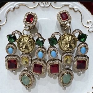 Massive Gold Panther Jeweled Turquoise Ruby Crystal Chandelier Omega Earrings